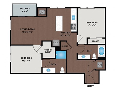 Floor plan for 2 beds, 2 baths, 1033 sqft